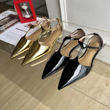 Purpdrank  Summer New Fashion Patent Leather Women Shoes Casual Flat Heel Pointed Toe Buckle Strap Mules Dress Sandals Slides