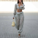Purpdrank  Sexy V-neck Exposed Navel Set and Long Pants 2pc Set Fashion Street Wear Holiday Suit Spring Summer Floral Print Women's Outfit