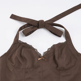 Purpdrank  Elegant Solid 2 Piece Outfit Women's Sexy Lace Trim V Front Sleeveless Halter Crop Top and Ruffles Mini Skirt Matching Set