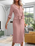 Purpdrank  Spring Autumn Shirt Dress Lapel Waist Lacing Button Split Robe Women's Clothing Trend Party Dresses Office Ladies Dress Chic New