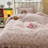 Purpdrank  Double Layer Yarn Pure Cotton French Floral Lace Ruffles Bedding Set Duvet Cover Set Pillowcases With Flat/Fitted Bed Sheet 4Pcs