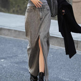 Purpdrank  Grey Split Denim Skirt Female 2025 Spring High Waist Slim Casual Fashion Women's Long Skirt