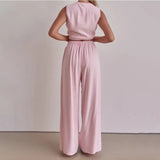 Purpdrank  Trousers Suit Office Lady Outfits Elegant Women Loose Two Piece Set Sleeveless Lace Up Vest Top Elastic Waist Wide Leg Pants Set