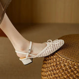 Purpdrank  High-quality square-toed bow high-heeled sandals, 2025 summer new hollowed-out fashionable woven casual mid-heeled women's shoes