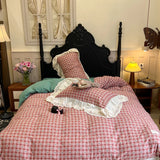 Purpdrank  Vintage Plaid Pure Cotton double-layer yarn four-piece set French lace Bedding Set Duvet Cover Pillowcases Flat/Fitted Bed Sheet