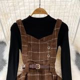 Purpdrank - High Quality Fall Winter Women Sweater Overalls Dress Sets Casual Knitted Tops +Plaid Woolen Dress 2 Piece Sets Outfits Female