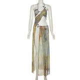 Purpdrank  Beach Dress Women Summer Tie Dye Print Sleeveless Hollow Cut Out Sleeveless Halter Neck Long Dress Club Party Dresses