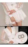 Autumn New Notched collar Belt Slim Mini Blazer Dress Women's Sexy Lace Patchwork Long Sleeve Single-Breasted Short Dress White