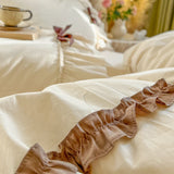 Purpdrank  100% Cotton Korean Princess Style Three-layer Ruffles Bow Bedding Set Duvet Cover Bed Skirt Bedspread Pillowcases Wedding Gifts