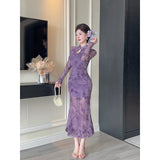 Purpdrank  Sexy Long Sleeve Lace Cheongsam Dress Waist Cinched Maxi Skirt for Women Southeast Asia Cross Border Elegant Commute Style