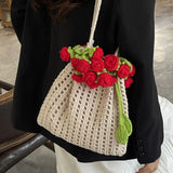 Purpdrank  Rose Crochet Handbag Spring Cute Knitted Shoulder Bag Romantic Designer Floral Hollowed Out Ladies Shoulder Bag Armpit Bag
