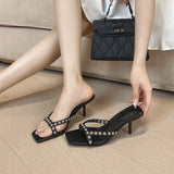 Purpdrank  Low Square Toe High-Heeled Shoes Lady Flock Ladies' Slippers Slipers Women Thin 2025 Rubber Fabric Pumps Slides PU Rome Hoof