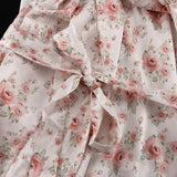 Purpdrank  Women's Printed Loose and Fashionable Casual Dress with Bubble Sleeves and Lace Up High-end A-line Skirt