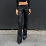 Purpdrank  Basic Solid Pu Leather Flare Pants Casual Slim Folds Low-Waisted Wide Leg Pants Women Autumn Spring Streetwear Office Lady
