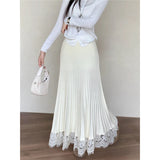 Purpdrank  Elegant Knitted Midi Skirt Women Fashion Lace Patchwork Black Pleated Skirts Winter Ladies Korean High Waist A Line Faldas New