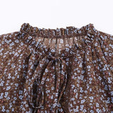 Purpdrank  Women Black Floral Print Flare Long Sleeve Chiffon Dress Stand Collar Slit Backless Ruffles Hem Mini Shirt Dresses Robe