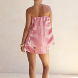 Purpdrank   Summer Striped Printed Backless Suit Casual Loose Vacation Woman Outfits Sexy Strapless Hollowed Out Top + Shorts Two Piece Set