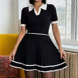 Purpdrank  Summer 2 pieces Knitted Women's Sets Polo Collar Short Sleeve Tops and Pleated Sexy Mini Skirts Outfits Suit for Female
