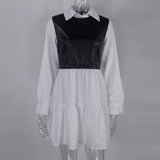 Purpdrank  Casual Long Sleeve Mini Shirt Dress For Women White 2025 Spring PU Leather Patchwork Plaid Woman Dresses
