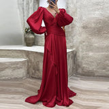 Purpdrank - Cocktail Full Length Women Hem Maxi Dress Luxury Female V-neck Waist Party Dress Elegant Lantern Sleeve Ruffle Satin Dresses
