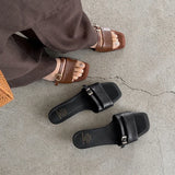 Purpdrank   Summer Brand Metal Belt Buckle Design Low Heel Sandals Women Fashion Street Style Square Toe Mules Slippers Zapatos De Mujer