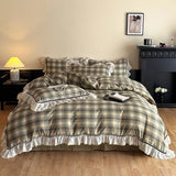 Purpdrank  Vintage Lace Ruffles Striped Plaid Floral Bedding Set Pure Cotton Double Layer Crinkle Yarn Duvet Cover Bed Sheet Pillowcases