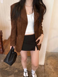 Purpdrank  Chic Vintage PU Leather Velvet Surface Long Sve Jaet ort Outerwear Women's Loose Suit Collar Autumn New Sle Commute