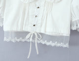 Purpdrank  Stylish White Spliced Lace Short Puff Sleeve Shirt Women Peter Pan Collar Bow Hem Loose Crop Tops