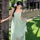 Purpdrank  French Style Niche Stunning Green V-neck Strap Dress for Women Summer Beach Vacation Pure Desire Sexy Backless Long Dress