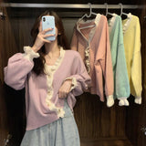 Purpdrank - Spring Autumn New Women's Clothing Sweet V-Neck Knitted Cardigan Korean Fashion Buttons Long Sleeve Ruffles Sweaters Female