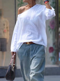 Purpdrank  Summer Spring Casual White T-shirts One-shoulder Long Sleeves Loose Simple Basic Tops Tee Shirts S-2XL