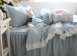 Purpdrank  100% Cotton Bedding Set Luxury Blue Plaid Printing Princess Lace Duvet Cover Bed Skirt Bedspread Pillowcases Home Textile
