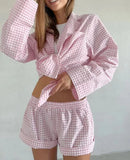Purpdrank  Autumn Trend Retro Plaid Cardigan Long-sleeved Shorts Two-piece Foreign Trade Comfortable Home Wear