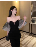 Purpdrank  Celebrity Mesh Spliced Tight Sexy Strapless Long Dress Women High-waisted Slim Wrap Hip Backless Dress Summer Luxury Banquet