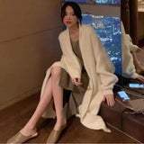 Purpdrank - white Long Cardigan for women 2023 winter clothes Knitted fluffy long sleeve Cashmere sweater coat clotkorean style warm vintage