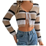 Purpdrank  Women Striped Crochet Knit Crop Top Color Block Stripe V Neck Tie Front Long Sleeve Hollow Out Cardigan Y2k Harajuku Streetwear