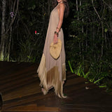 Purpdrank  Tassel Patchwork Irregular Long Dress 2026 Women Elegant Hanging Neck Solid Color Robe Dress Summer Off Shoulder Party Dresses