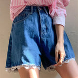 Purpdrank  Spring Summer Lace Patchwork Women's Denim Short Pants 2025 New High Waist Blue Casual Jeans Wide Leg Shorts for Women