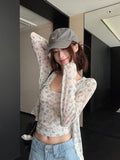 Purpdrank  Y2k Casual Summer Flower Print Slim Square Collar Vest Long Sleeve Top Two Piece Set Women