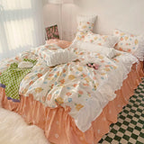 Purpdrank  Korean Ins Rose Pastoral Lace Quilt Cover Washed Cotton Princess Bedding Sets Bed Skirt Ruffles Pillowcase Woman Duvet Cover