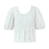 Purpdrank  Sweet White Embroidery Hollow Out Hole Splice Lace Elastic U Collar Short Sleeve Shirt Women Center Buttons Slim Crop Tops