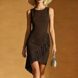 Purpdrank  Ethnic Woman Clothes Spring O Neck Tassel Slim Bodycon Party Dresses Summer Sleeveless Solid Faux Suede Vintage Dress Mujer