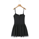 Purpdrank  Sexy Spaghetti Strap Dress for Women Summer Black Polka Dots Lace Edge A-line Slim Slip Dresses Female Bow Lace-up Beach Dress