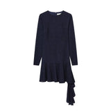 Purpdrank  European style new women's fashion versatile and elegant solid color round neck ruffled irregular lace dress