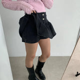 Purpdrank  Summer Women's Denim Short Skirts 2025 New Blue Washed High Waist Pleated Buttons Ruffles Jeans Shorts for Women
