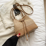Purpdrank  Straw Woven Design Crossbody Bags For Women Summer Beach Drawstring Bucket Shoulder Bag Big Capacity Designer Handbag