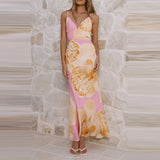 Purpdrank  Summer Backless Women's Commute Maxi Dress Fashion V-neck Floral Printed Halter Dress Sexy Sleeveless Fit Pleated Vacation Dress