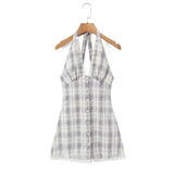 Purpdrank  Sexy Front Open Buttons Plaid Spliced Lace Tie Bow Halter V Collar Mini Dress Women No Back Backless A-line Short Dresses Robe
