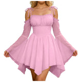 Purpdrank  Women's Boho Off Shoulder Tie Strap Mini Dress Bell Sleeve Asymmetrical Hem Corset Waist Gothic Dress Fairy Club Party Dresses