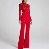 Purpdrank  Embroidery Lace Red Jumpsuits Women Sexy Slim Long-sleeved Belt High Waist Jumpsuit Female 2025 Casual Lady Party Rompers